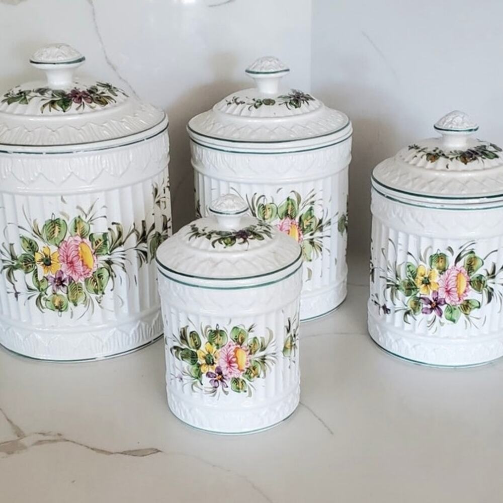 Vintage Mid-Century Set of 4 Italian Floral Ribbed Canister Set with Lids